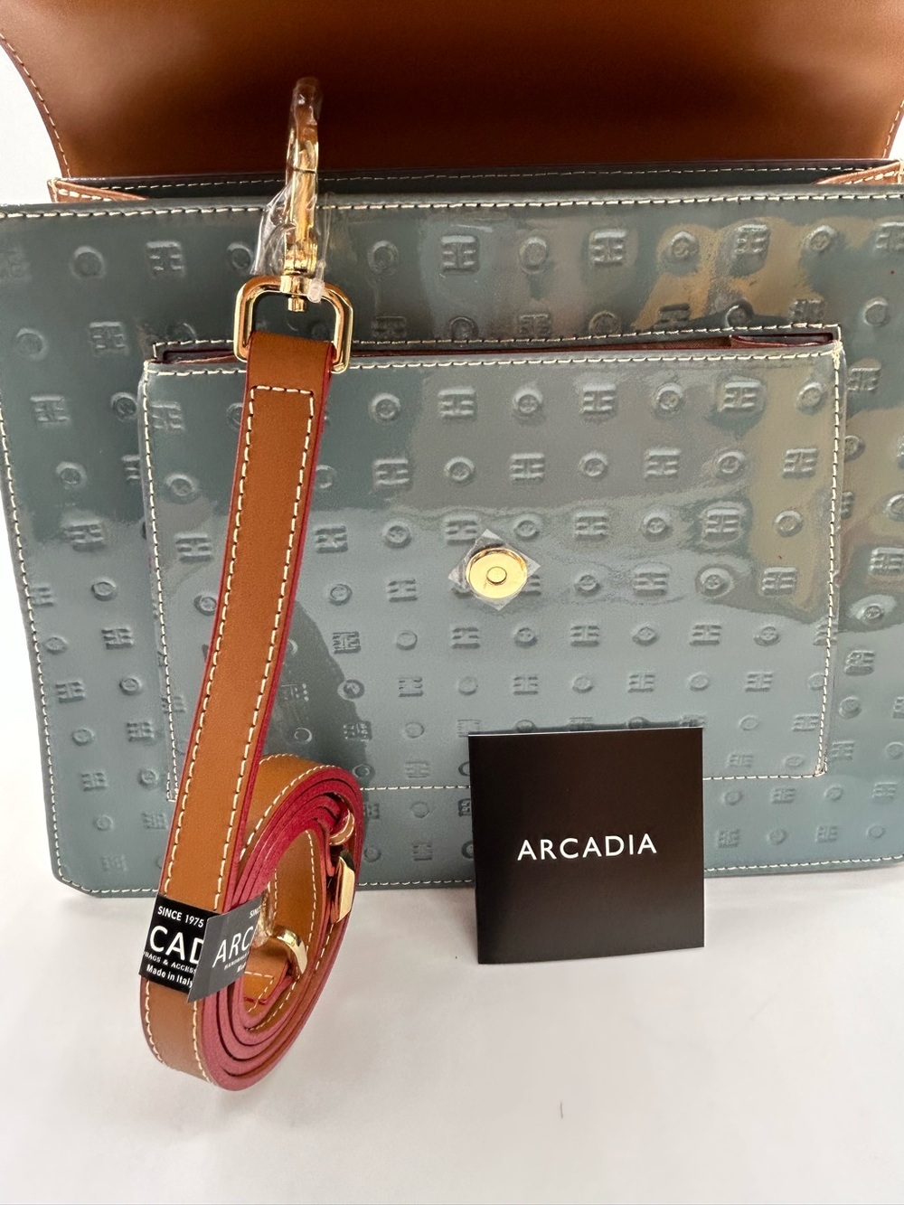 Arcadia Patent Leather Crossbody Bag Blue Tan Made in Italy New With Tag - Picture 15 of 15